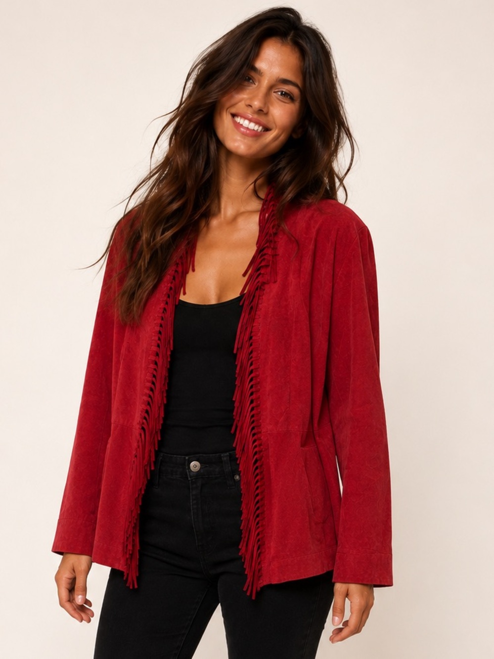 Dialogue Red Leather Fringe Jacket 1X Boho Western Quiet Luxury Festival Suede